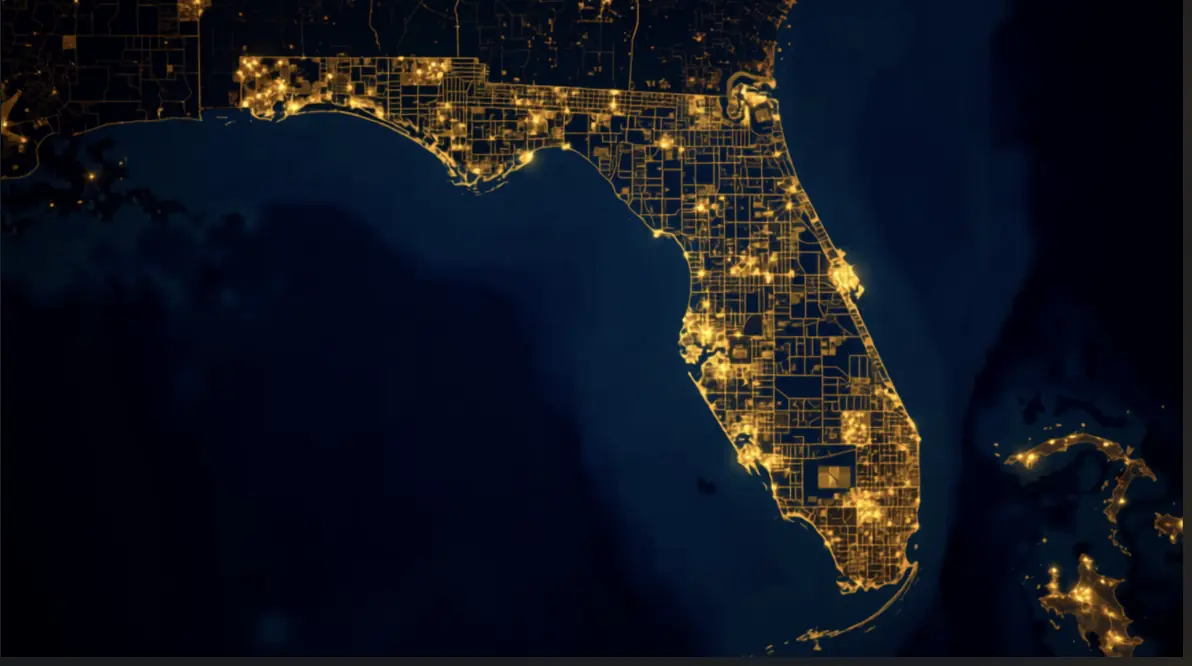 Florida at night with illuminated cities and transportation corridors